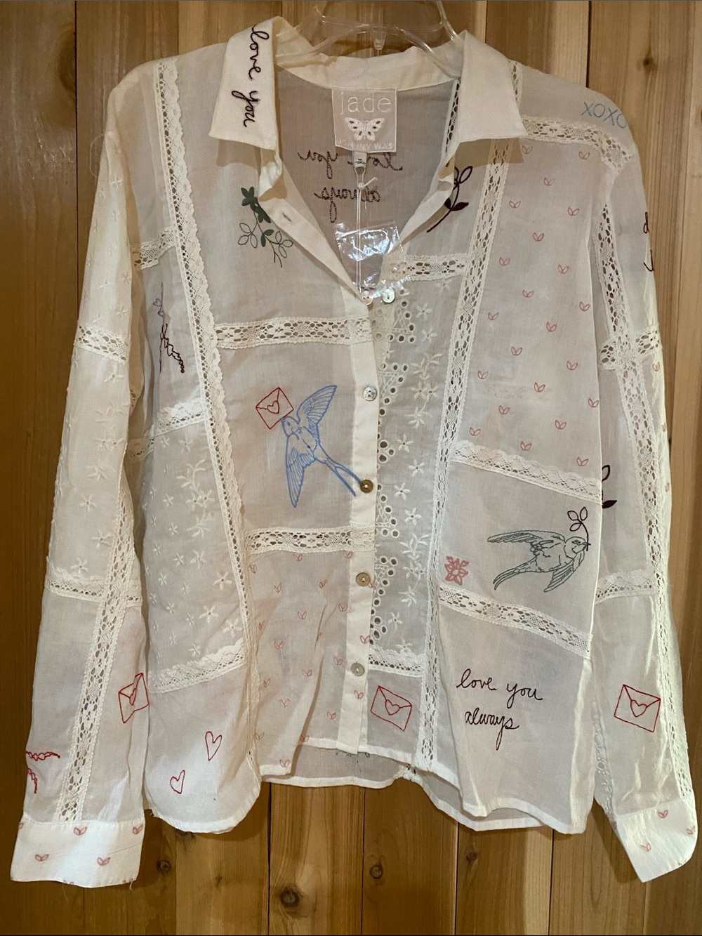 Jade by (Johnny Was) Cream Sheer Embroidered Patchwork Blouse